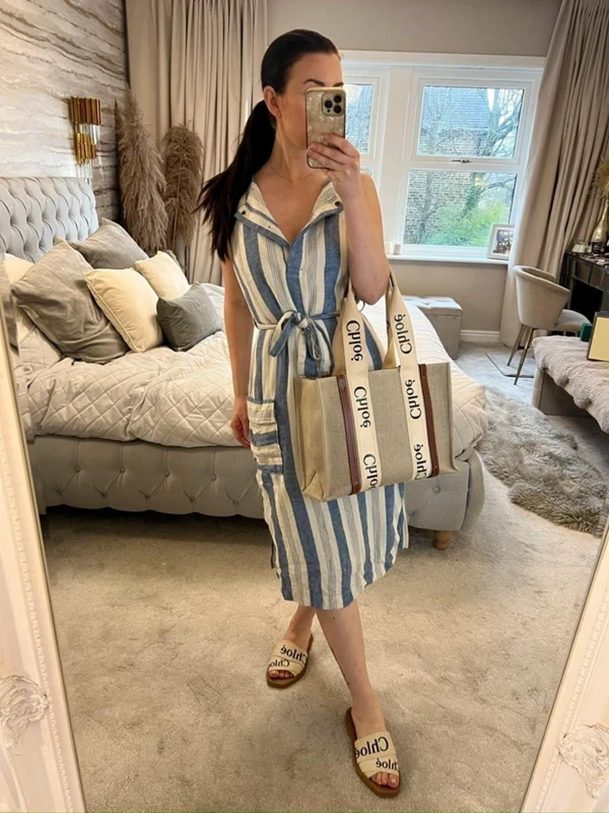 Cream & Blue Stripe Belted Midi Dress 12