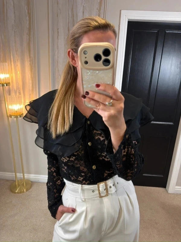 Vintage Linea G Black Lace Frill Blouse 8