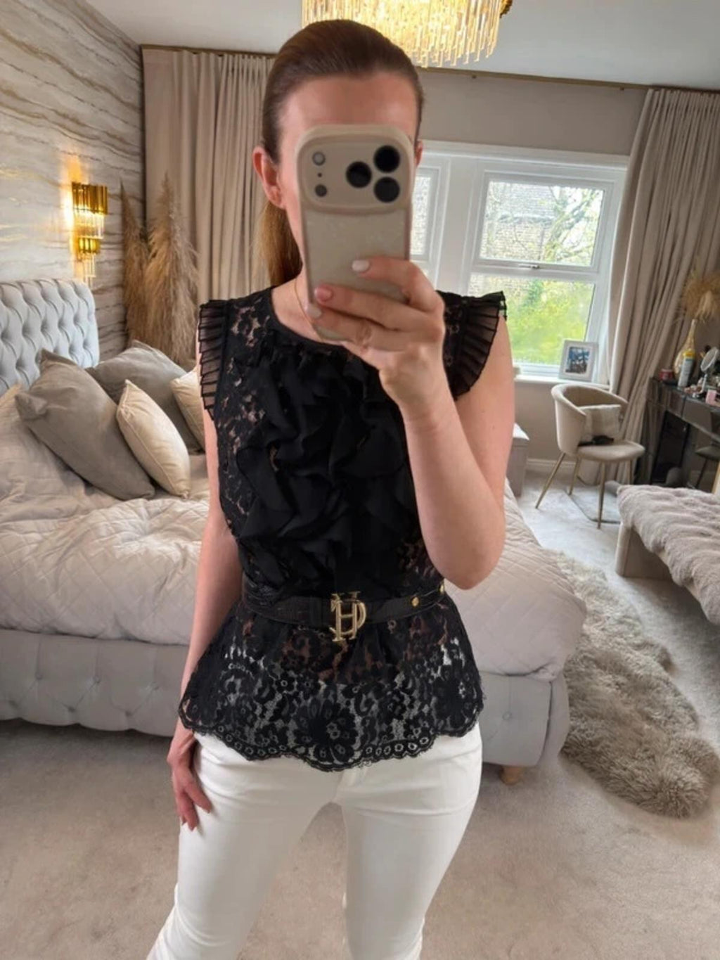 Eci New York Black Lace Frill Blouse 6