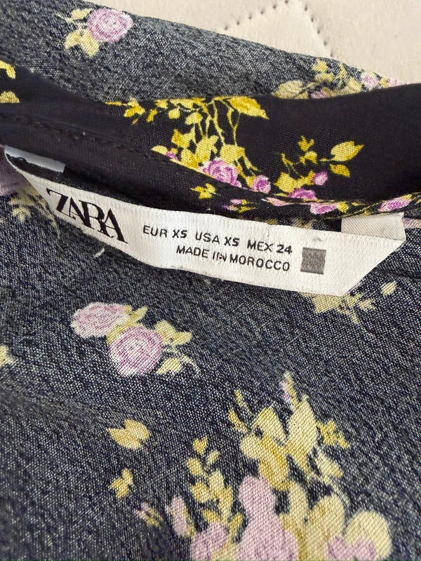 Zara Black Floral Print Frill Blouse XS