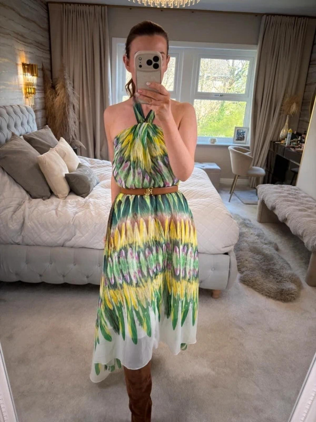 Caroline Morgan Green & Yellow Halterneck Dip Hem Dress 8