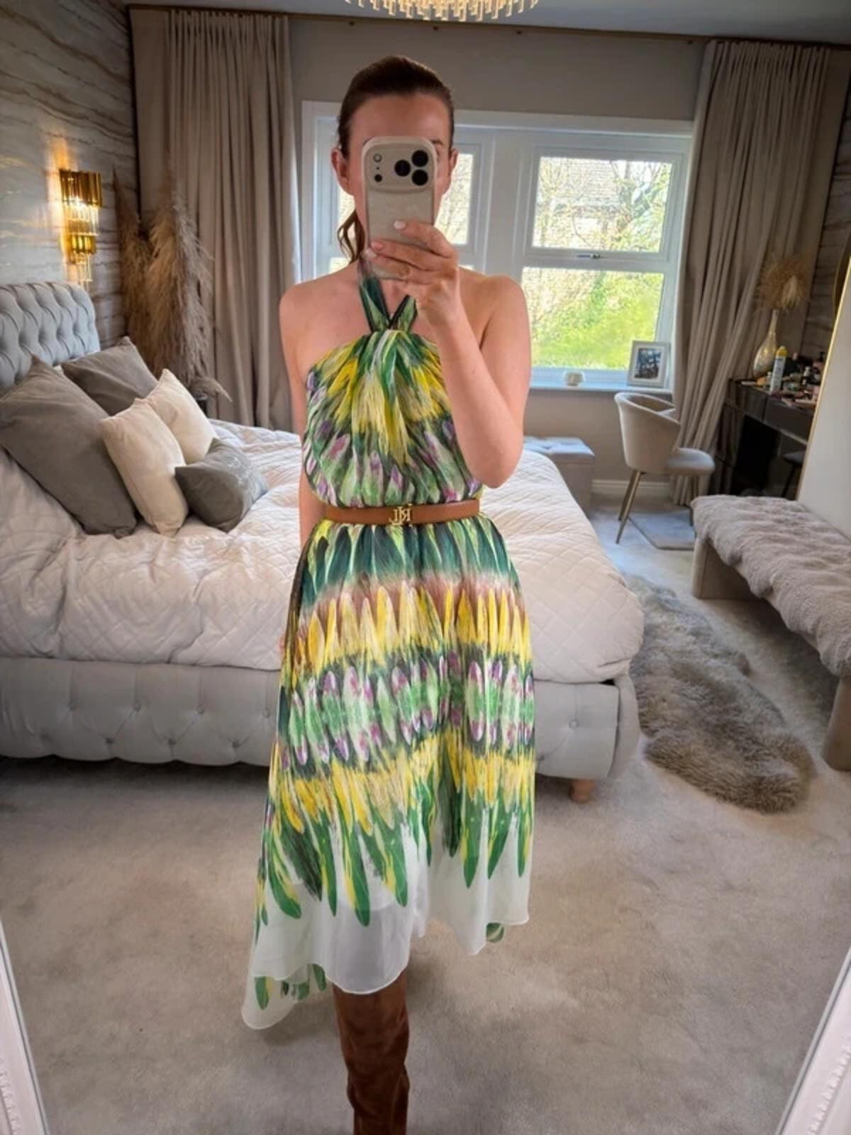 Caroline Morgan Green & Yellow Halterneck Dip Hem Dress 8