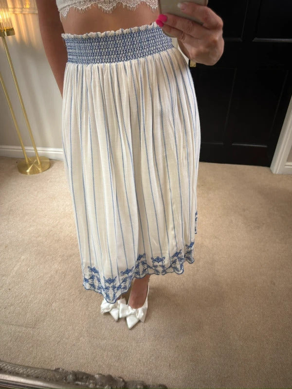 M&S White & Blue Embroidered Midi Skirt 12
