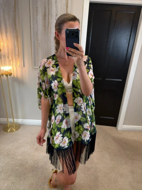 Urmoda Navy Floral Fringe Kimono Medium