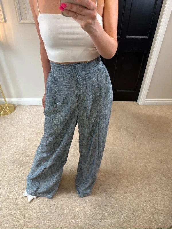 BNWT Zara Blue Linen Blend Wide Leg Trousers Size Medium