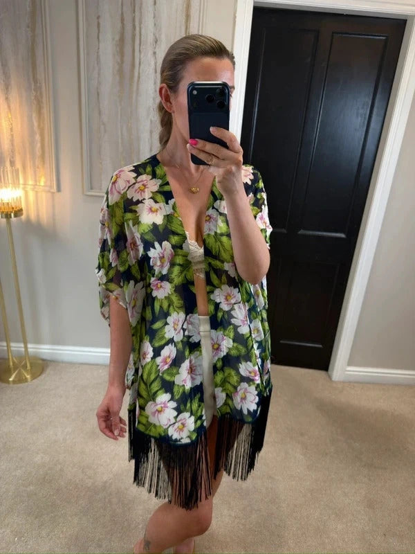Urmoda Navy Floral Fringe Kimono Medium
