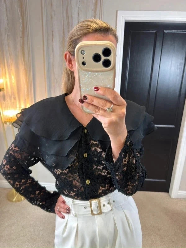 Vintage Linea G Black Lace Frill Blouse 8