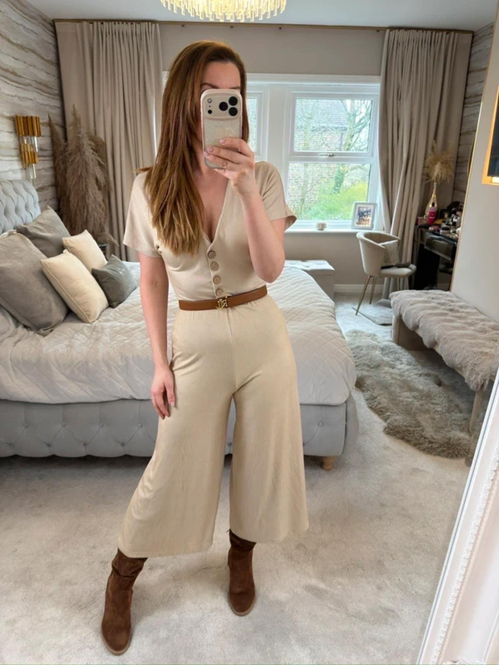Stradivarius Beige Stripe Cropped Wide Leg Jumpsuit Small