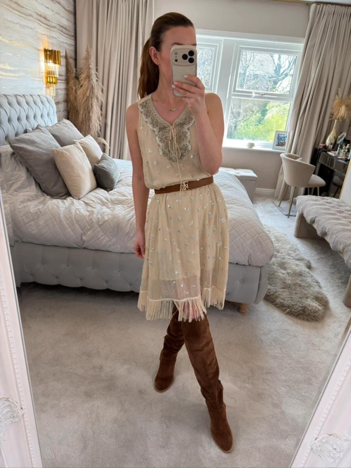 ⭐ Shilpavan Decor Exclusive Beige Boho Tassel Embellished Dress Medium