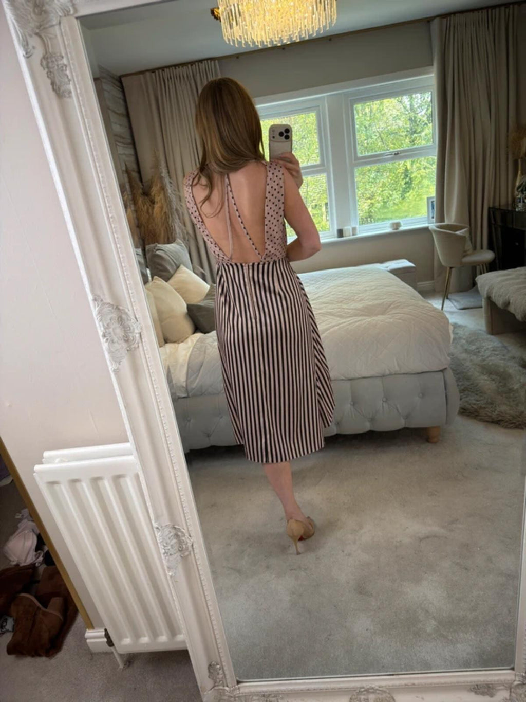 ASOS Pink & Black Spotty & Stripe Open Back Plunge Midi Dress 10