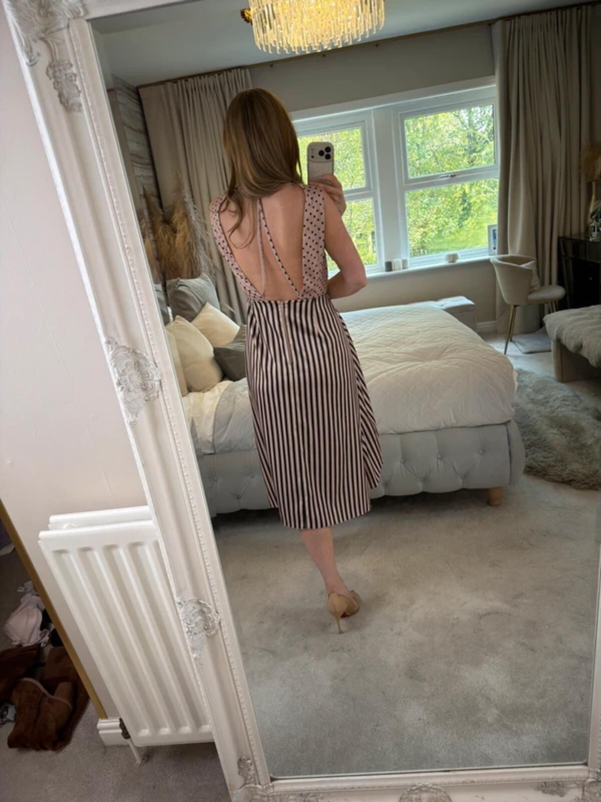 ASOS Pink & Black Spotty & Stripe Open Back Plunge Midi Dress 10