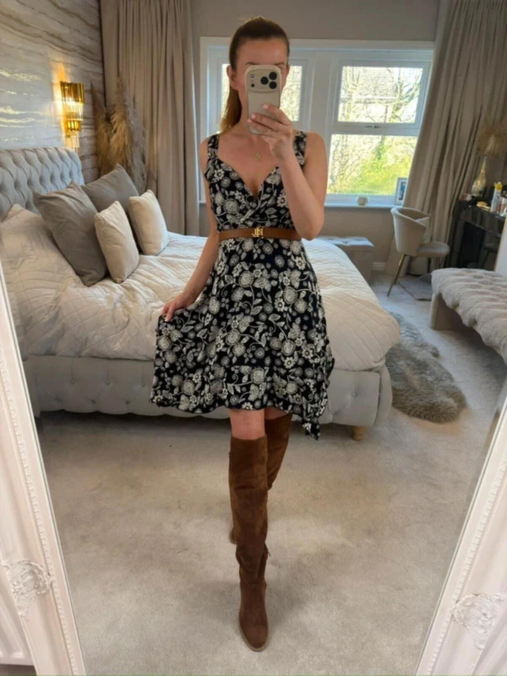 Apricot Navy Floral Asymmetrical Hem Dress 8
