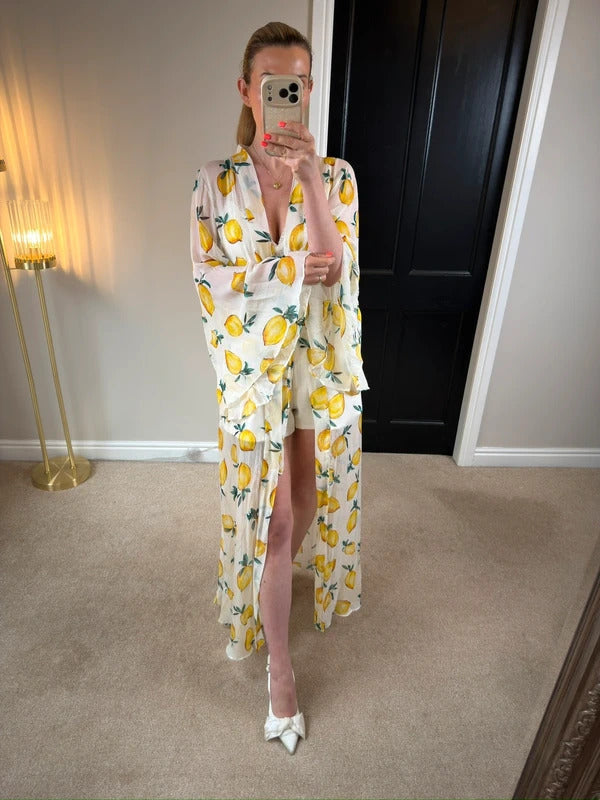 Alexandra Miro Chloe Gown Sorento White Lemon Maxi Kimono Small