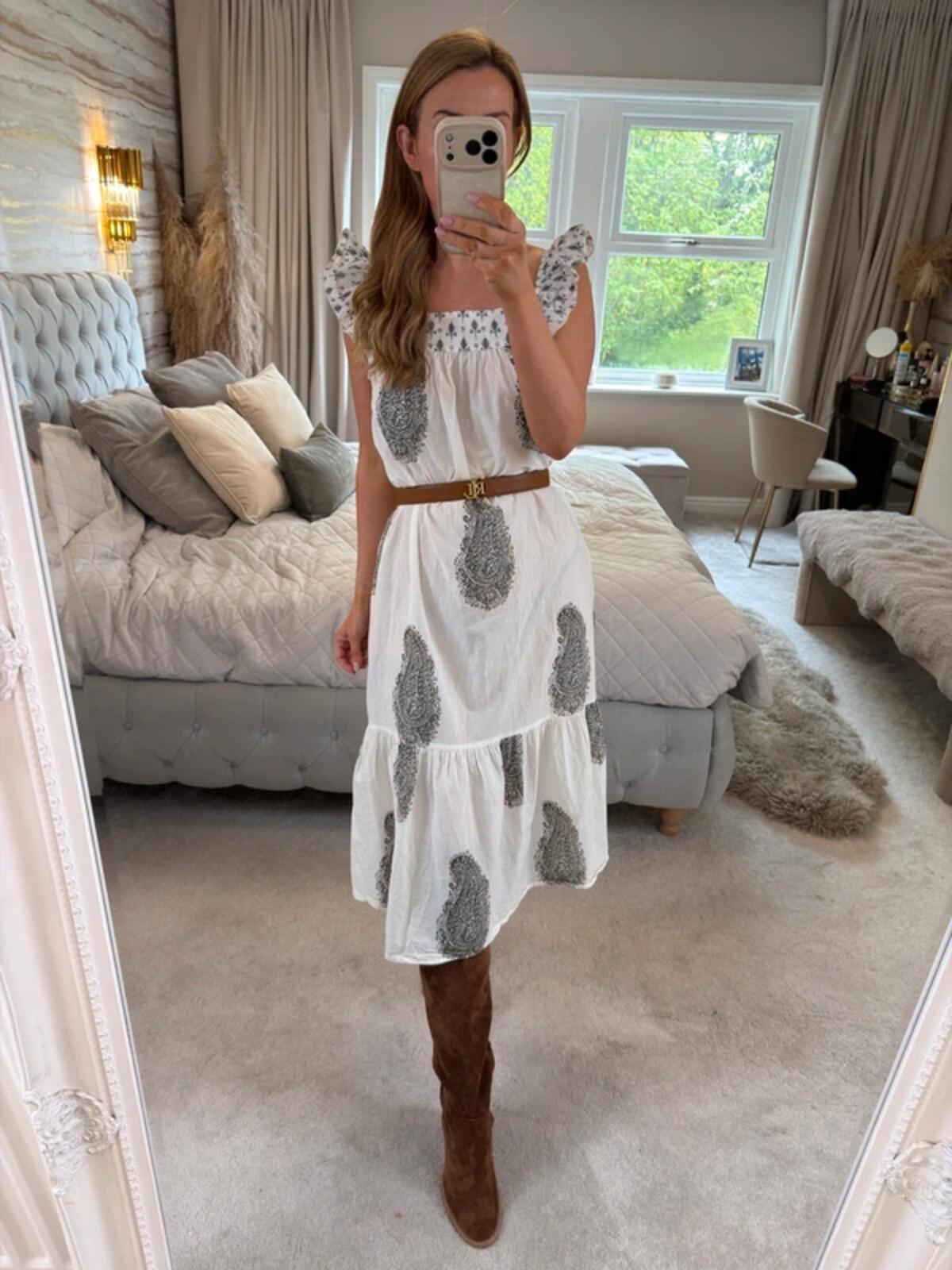 F&F White Paisley Frill Midi Dress 8/10