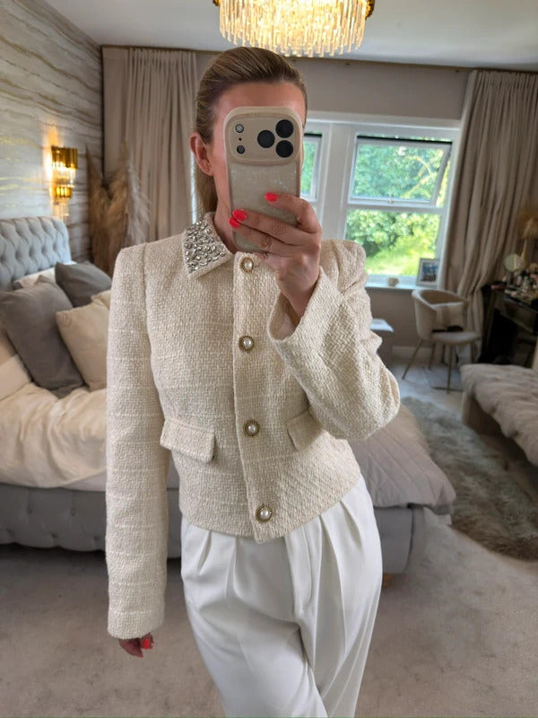BNWT River Island Cream Embellished Tweed Blazer 12