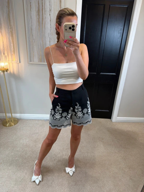 TU Black & White Embroidered Shorts 8