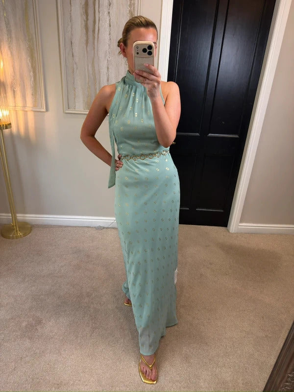 BNWT Jodie Moi Mint Green & Gold Tie Neck Maxi 10