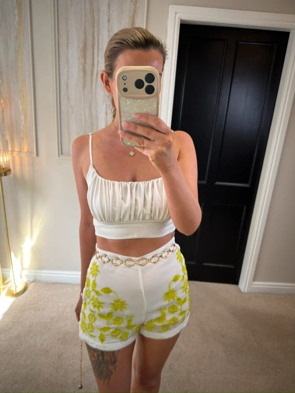 Topshop White & Green Embroidered Shorts 8