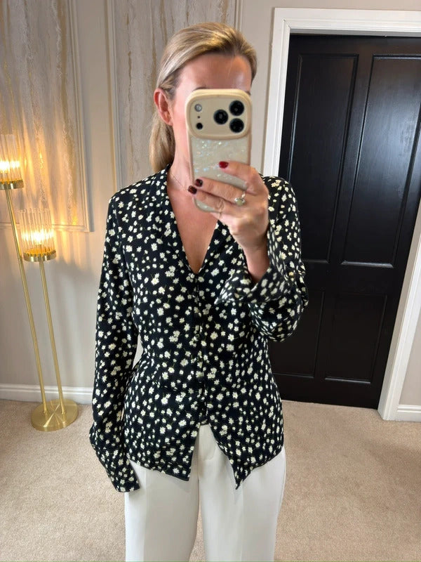 M&S Black Daisy Button Front Blouse 8