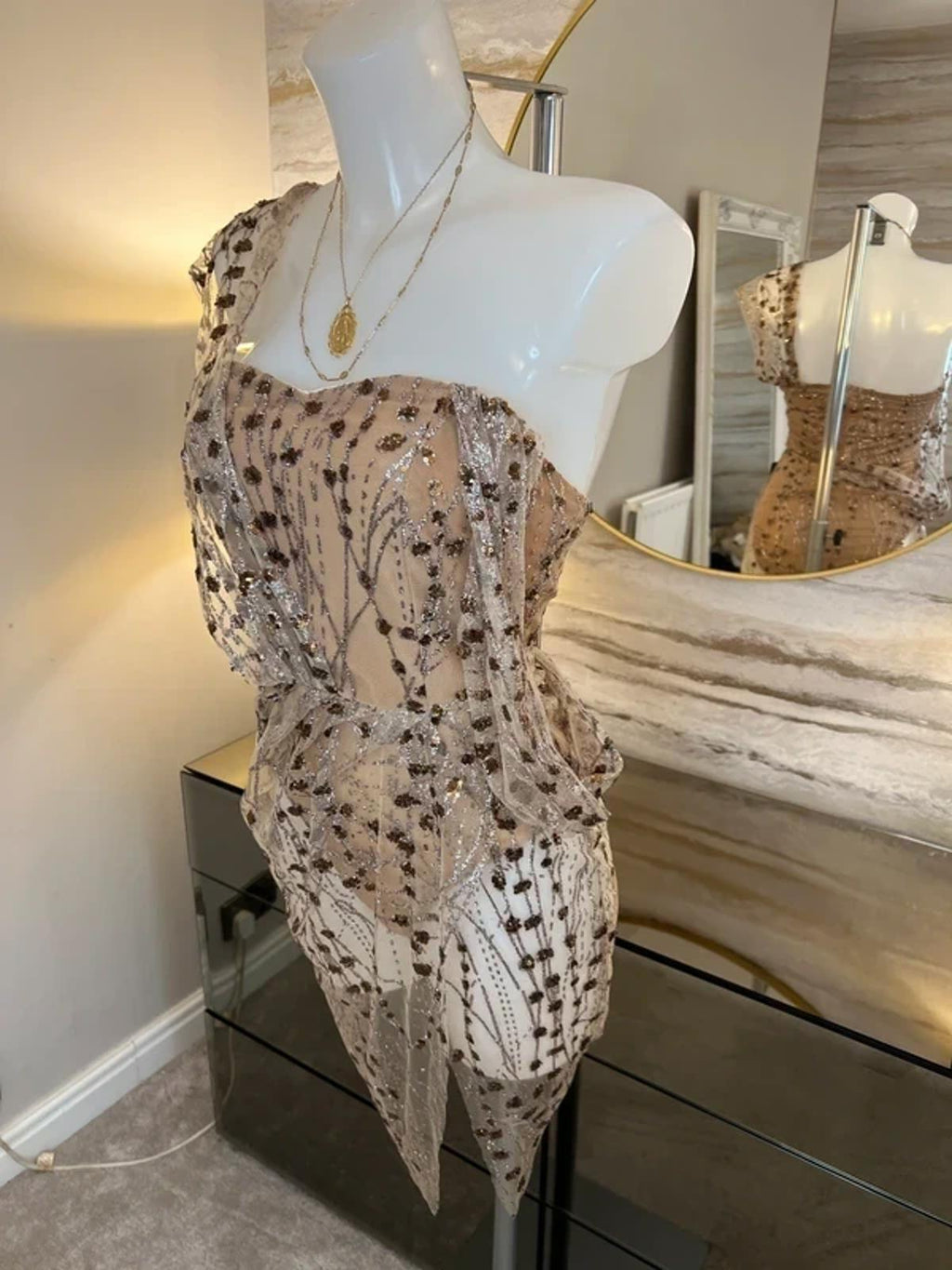 BNWT Dressmezee Nude Glitter Mesh Mini Dress Small