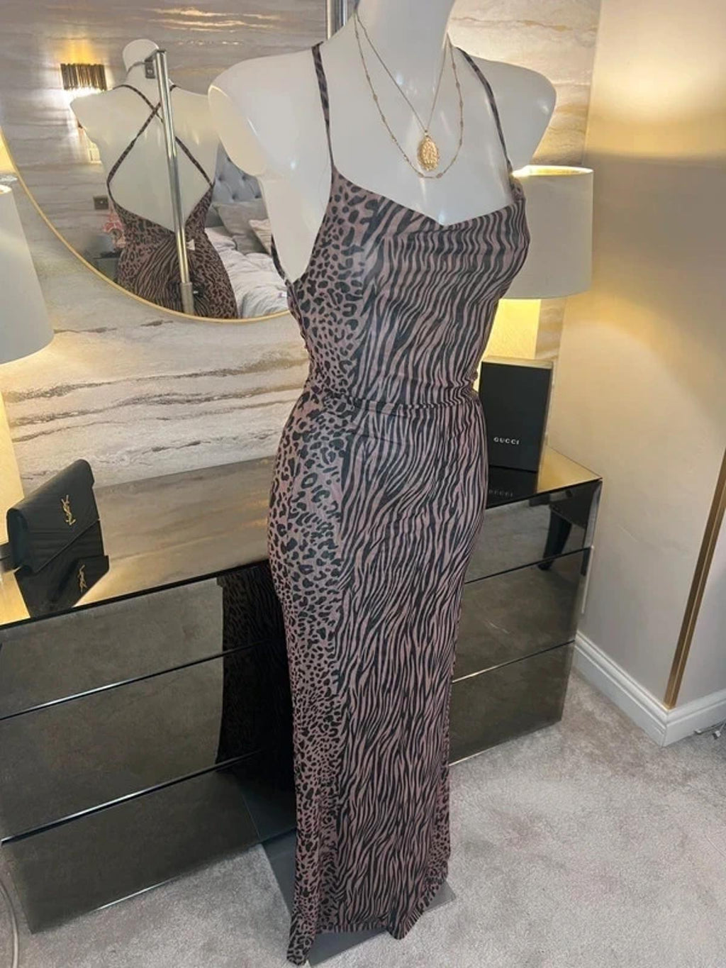 Sorelle Low Back Animal Print Maxi Dress XS