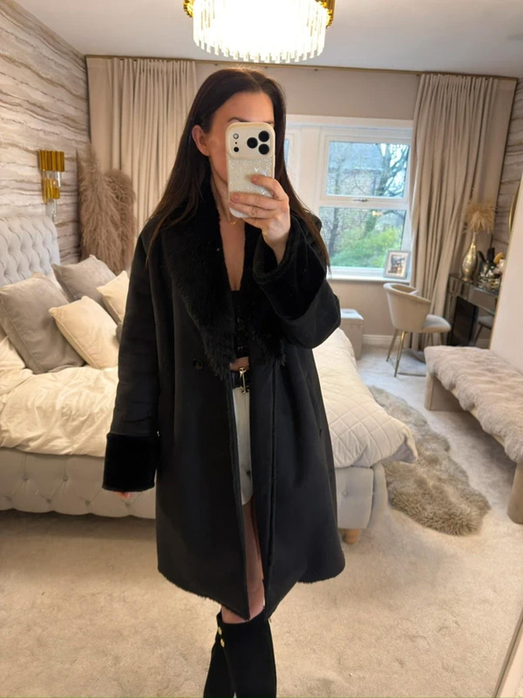 Jigsaw Black Faux Fur Coat Medium