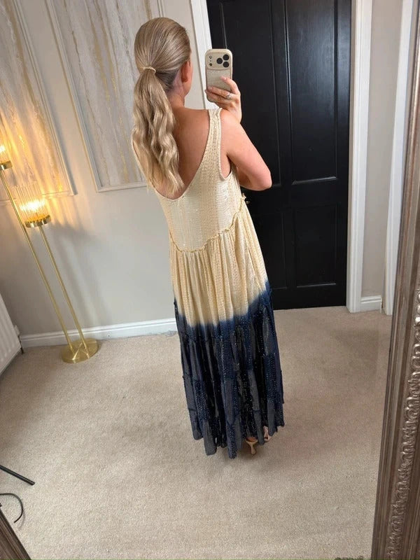 Gold & Silver Paris Beige & Navy Silver Sequin Maxi One Size