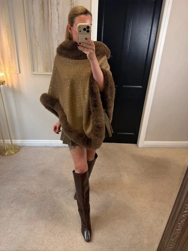 Boutique Brown Tweed Wool Blend Faux Fur Poncho One Size