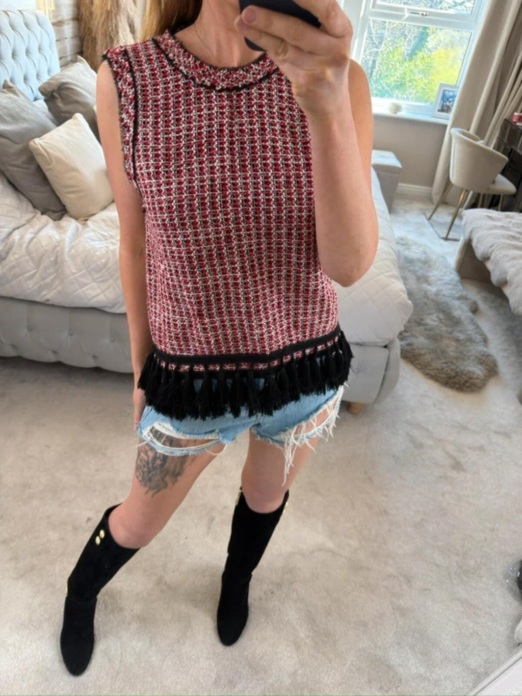 Zara Red Tweed Fringe Blouse Small