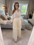 Cream & Gold Pleated Tiered Maxi Skirt XS