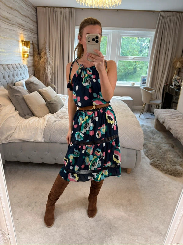 M&S Navy Floral Tassel Beach Sundress 8