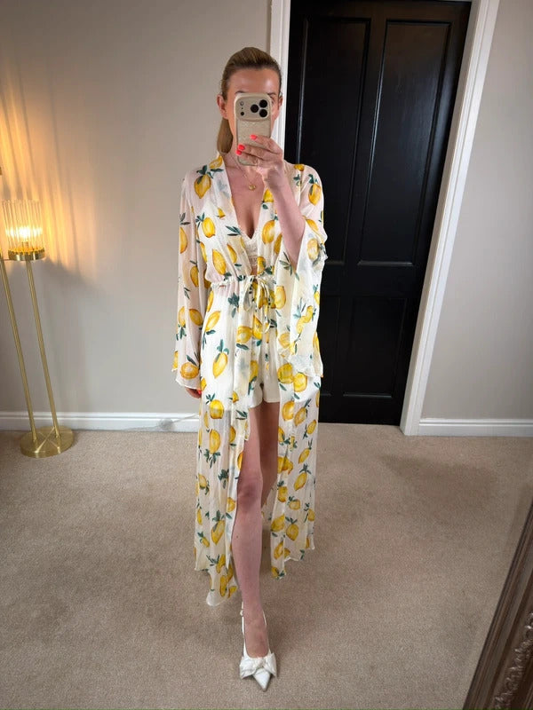 Alexandra Miro Chloe Gown Sorento White Lemon Maxi Kimono Small