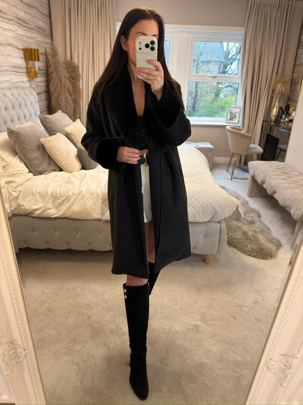 Jigsaw Black Faux Fur Coat Medium