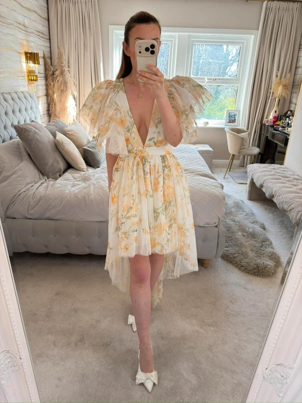 River Island Luxe Yellow Floral Tulle Dip Hem Dress 12