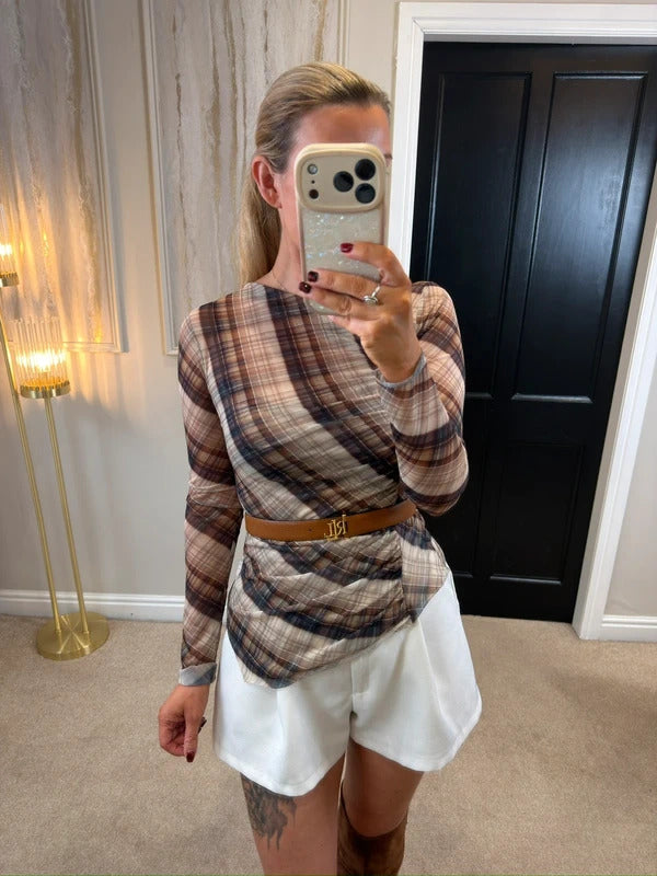 Zara Brown Semi Sheer Asymmetrical Top Small