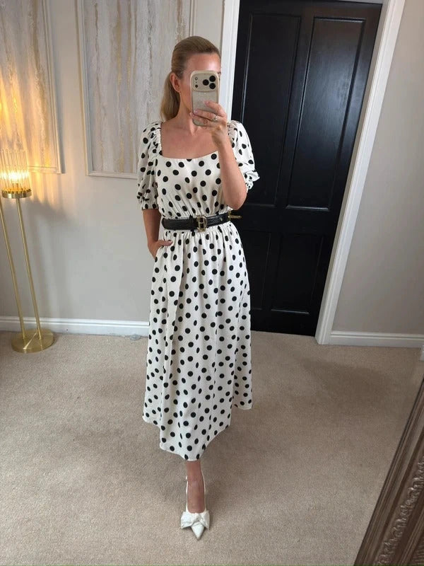 Flounce London Off White & Black Polka Dot Midi Dress 14