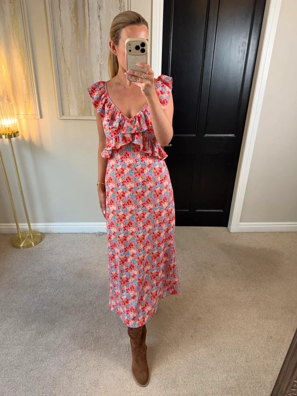 F&F Multicoloured Floral Frill Midi Dress 10
