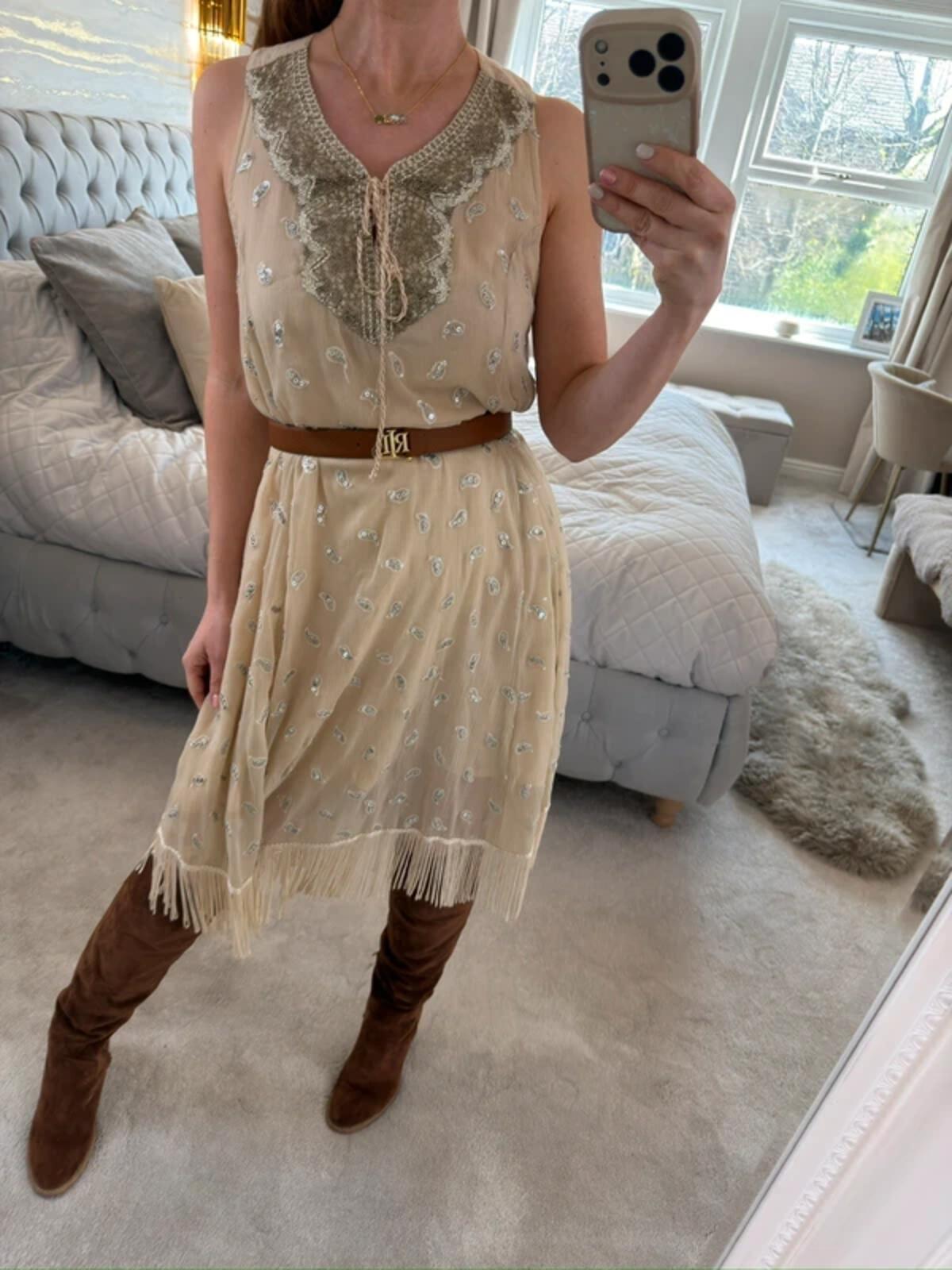 ⭐ Shilpavan Decor Exclusive Beige Boho Tassel Embellished Dress Medium