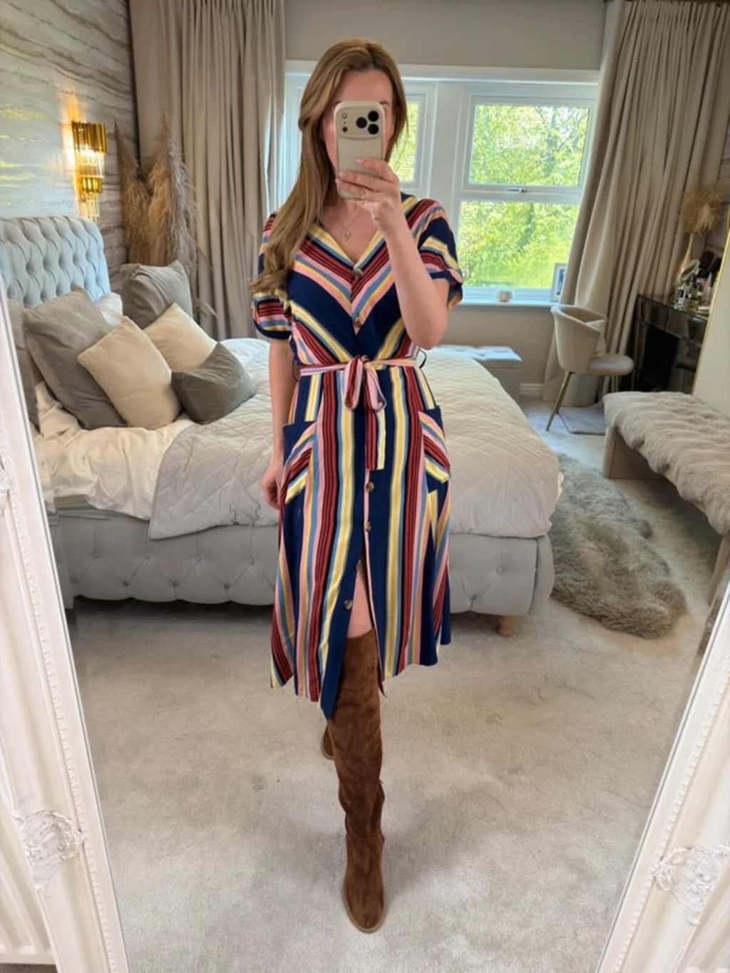 Warehouse Multicoloured Belted Midi Shirt Dress 10