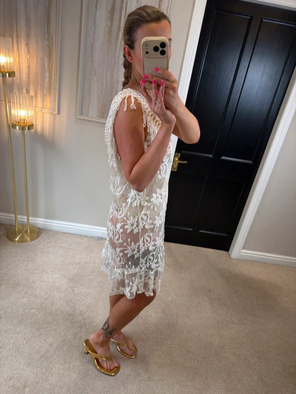 Boutique Ivory Sheer Lace Fringe Mini Dress One Size