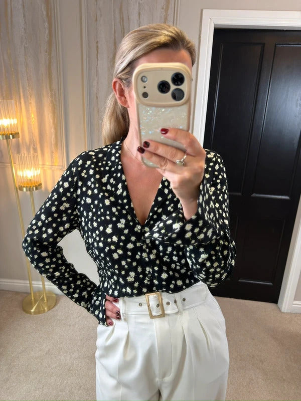 M&S Black Daisy Button Front Blouse 8