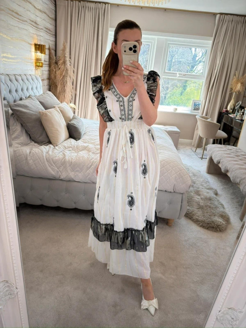 Boutique White & Black Boho Embellished Dress One Size