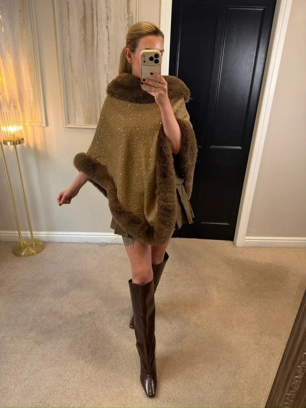 Boutique Brown Tweed Wool Blend Faux Fur Poncho One Size