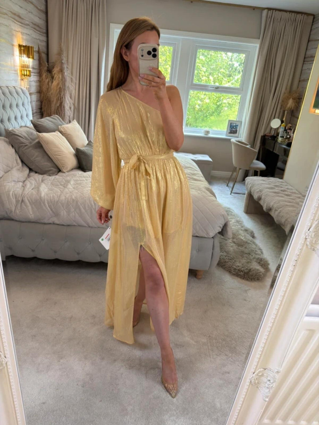 BNWT Sundress Gold Metallic One Shoulder Belted Dress Small