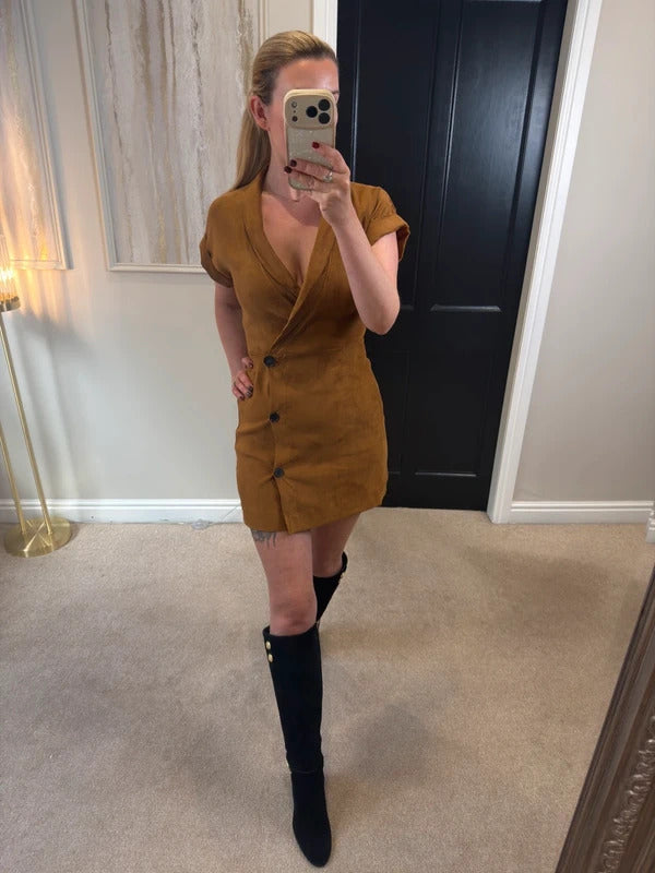 Brown Faux Suede Button Mini Dress Small