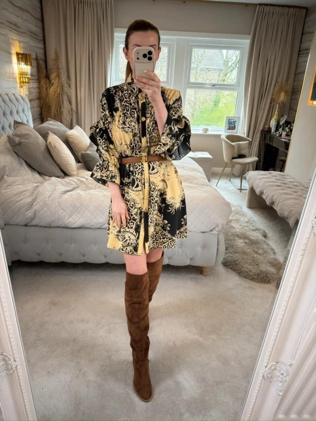 Cherry Koko Cream & Black Animal Print Shirt Dress S/M