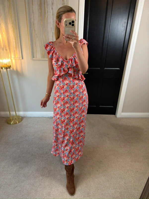 F&F Multicoloured Floral Frill Midi Dress 10