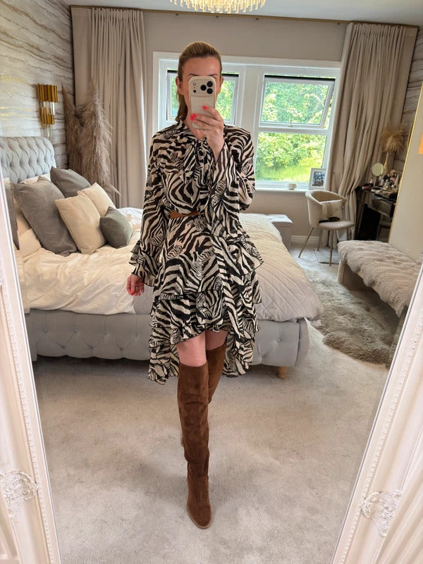ARRI Black & Cream Sheer Dip Hem Frill Animal Print Dress 10