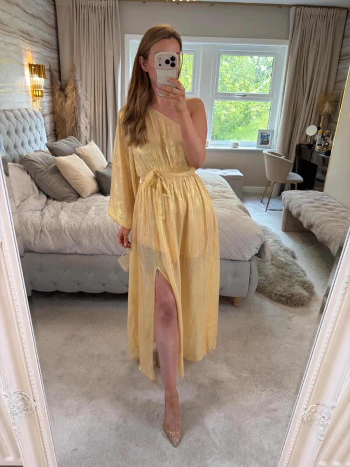 BNWT Sundress Gold Metallic One Shoulder Belted Dress Small