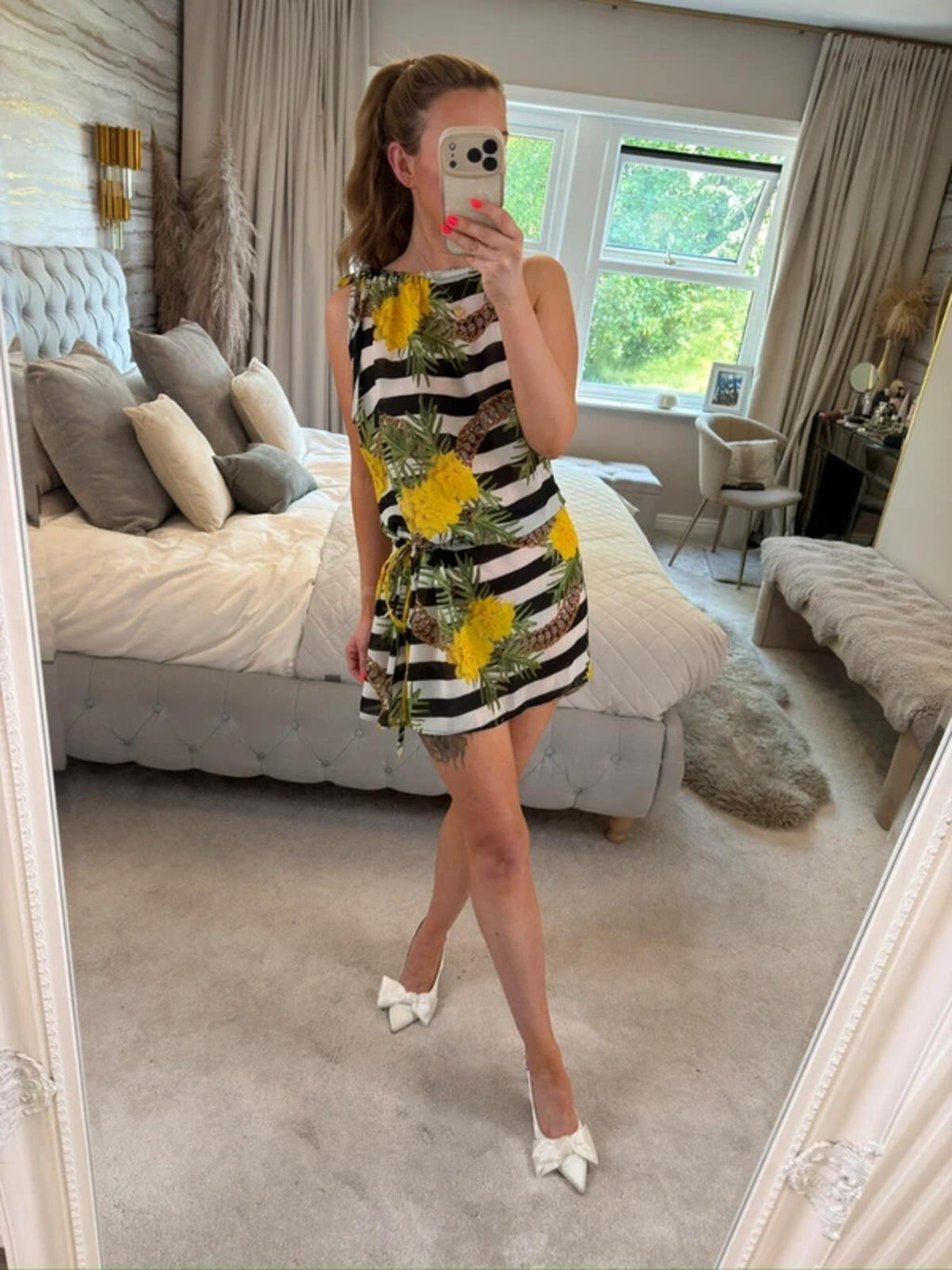 Bora Rosa Black Stripe Floral Print Sheer Cover Up / Mini Dress